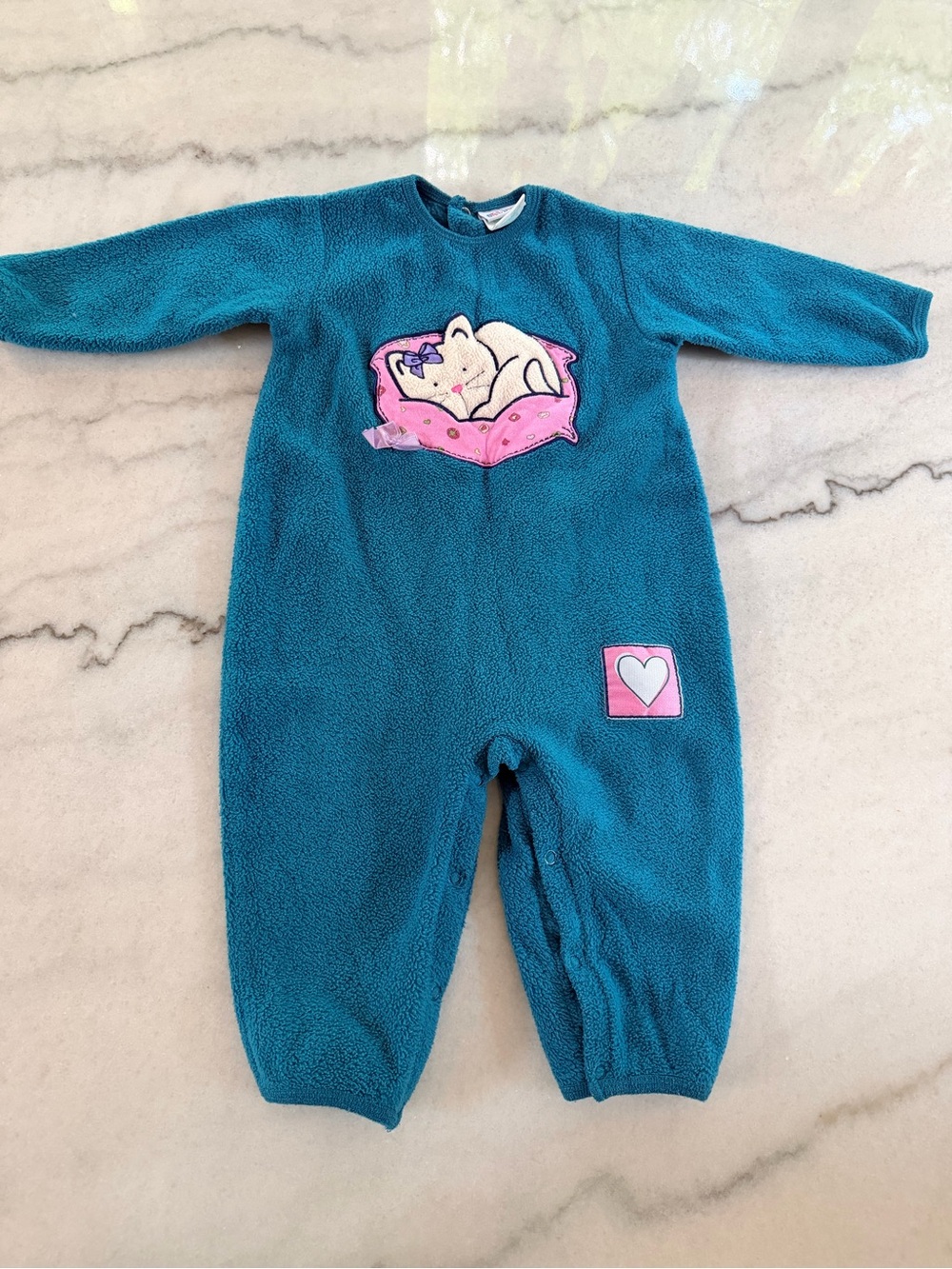 VTG okie dokie Teal Fleece One-Piece with Kitten and Pink Heart